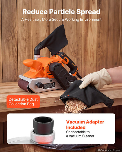 VEVOR 11.5A Belt Sander 4" x 24" Woodworking Belt Sander 6 Variable Speeds, 900-1550 FPM Sanding Machine with 10PCS Sanding Belts, 2 Dust Bags & 2-in-1 Vacuum Adapter for Woodworking Projects - DSSMJSCSCDK16SERM001V1 - view 6