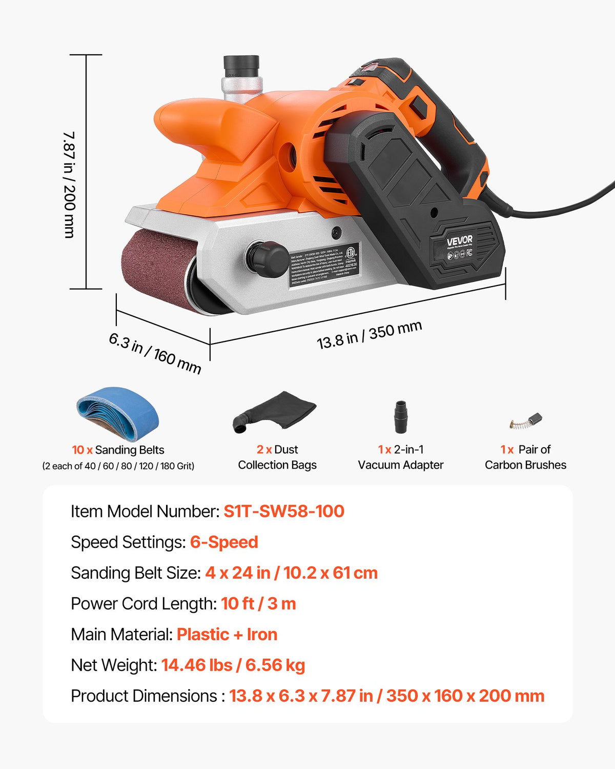 VEVOR 11.5A Belt Sander 4" x 24" Woodworking Belt Sander 6 Variable Speeds, 900-1550 FPM Sanding Machine with 10PCS Sanding Belts, 2 Dust Bags & 2-in-1 Vacuum Adapter for Woodworking Projects - DSSMJSCSCDK16SERM001V1 - view 8