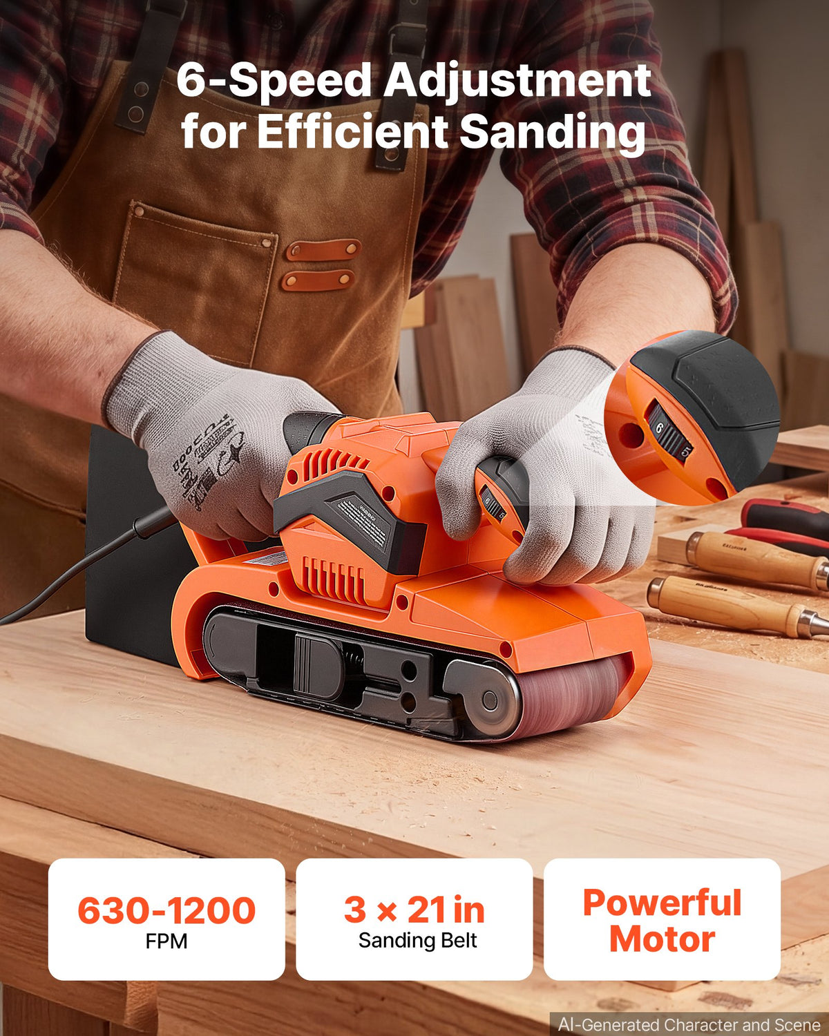 VEVOR 7A Belt Sander 3" x 21" Woodworking Belt Sander 6 Speeds 630-1200 FPM, 2-in-1 Handheld & Benchtop Sanding Machine with 2 Dust Bags, 10PCS Sanding Belts & 2 Clamps for Woodworking Projects - DSSMJSCTSLYC1AGDP001V1 - view 3