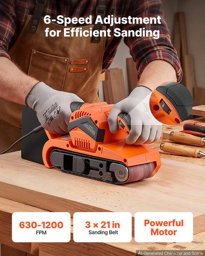 VEVOR 7A Belt Sander 3" x 21" Woodworking Belt Sander 6 Speeds 630-1200 FPM, 2-in-1 Handheld & Benchtop Sanding Machine with 2 Dust Bags, 10PCS Sanding Belts & 2 Clamps for Woodworking Projects - DSSMJSCTSLYC1AGDP001V1 - view 3
