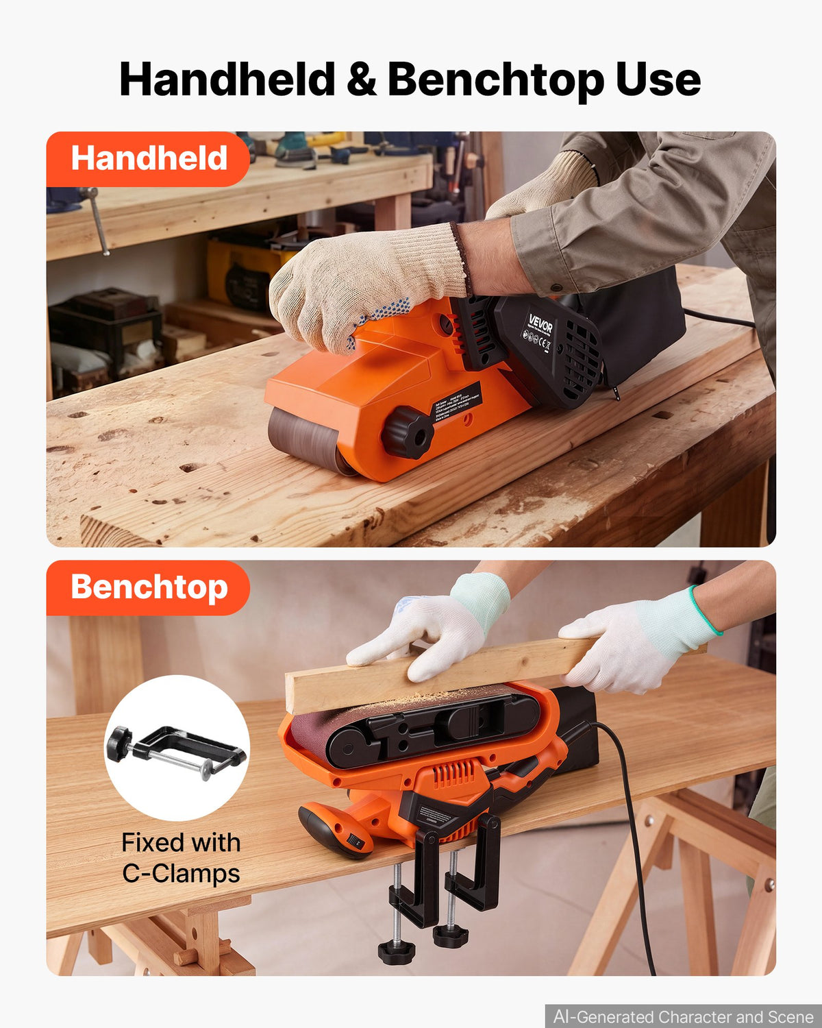 VEVOR 7A Belt Sander 3" x 21" Woodworking Belt Sander 6 Speeds 630-1200 FPM, 2-in-1 Handheld & Benchtop Sanding Machine with 2 Dust Bags, 10PCS Sanding Belts & 2 Clamps for Woodworking Projects - DSSMJSCTSLYC1AGDP001V1 - view 4