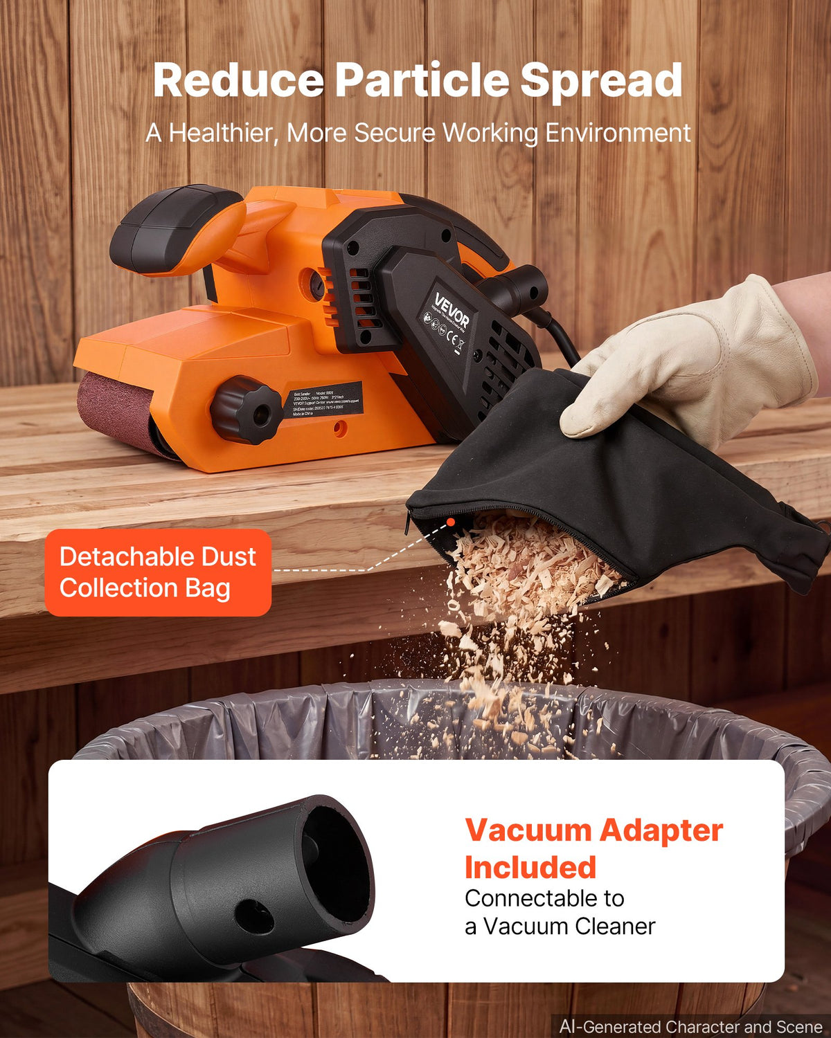 VEVOR 7A Belt Sander 3" x 21" Woodworking Belt Sander 6 Speeds 630-1200 FPM, 2-in-1 Handheld & Benchtop Sanding Machine with 2 Dust Bags, 10PCS Sanding Belts & 2 Clamps for Woodworking Projects - DSSMJSCTSLYC1AGDP001V1 - view 6