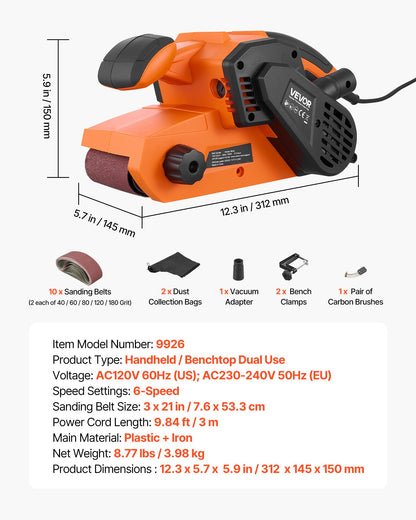 VEVOR 7A Belt Sander 3" x 21" Woodworking Belt Sander 6 Speeds 630-1200 FPM, 2-in-1 Handheld & Benchtop Sanding Machine with 2 Dust Bags, 10PCS Sanding Belts & 2 Clamps for Woodworking Projects - DSSMJSCTSLYC1AGDP001V1 - view 8