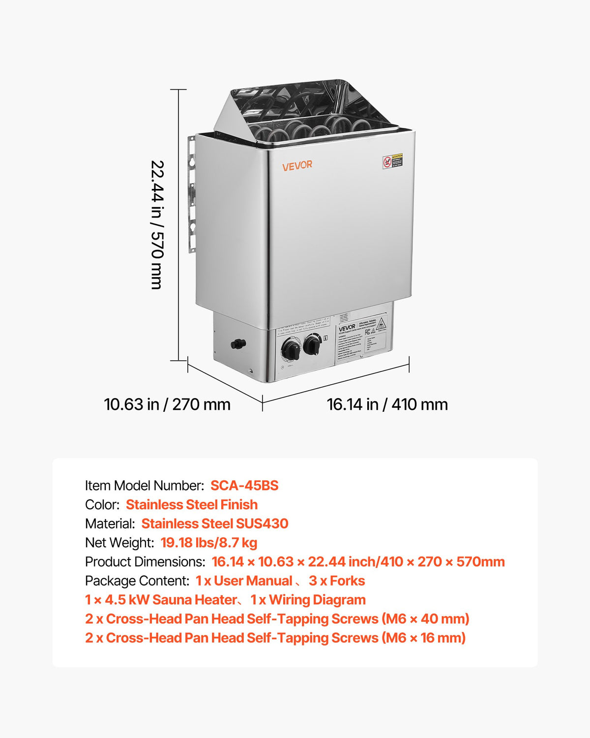 VEVOR Sauna Heater, 4.5KW 240V Electric Sauna Stove, Dry Steam Bath Saunas Stove with Pre-Drilled Bracket, Fit 105 to 210 CU.FT Saunas Rooms, Steam Bath Stoves for Home, Commercial, Leisure Venues - DSSNL45KWNKBQGX0G001V4 - view 8