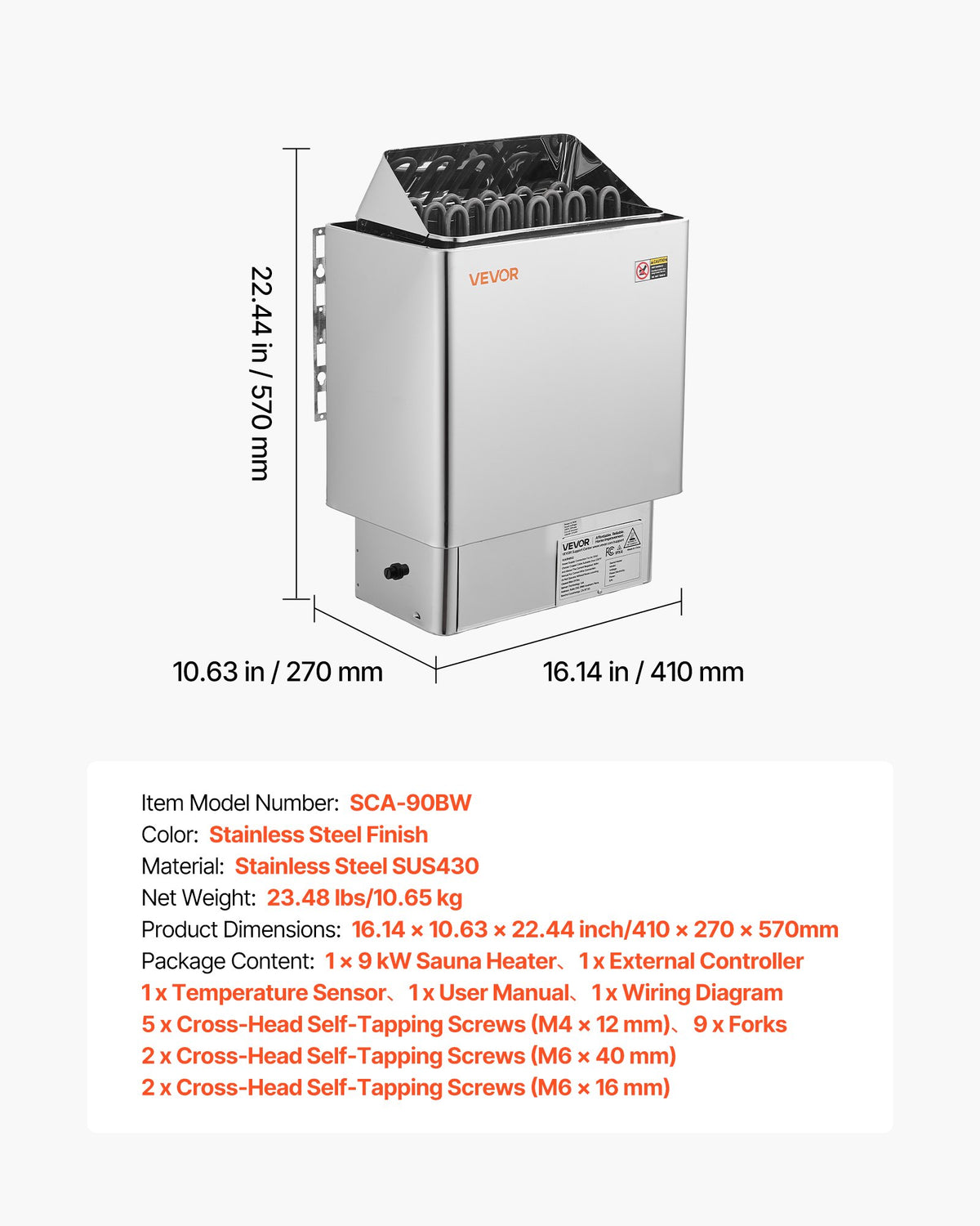 VEVOR Sauna Heater, 9KW 240V Electric Sauna Stove, Dry Steam Bath Saunas Stove with Pre-Drilled Bracket, Fit 317.8 to 459 CU.FT Saunas Rooms, Steam Bath Stoves for Home, Commercial, Leisure Venues - DSSNL9KWWKBX94U58001V4 - view 8