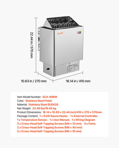 VEVOR Sauna Heater, 9KW 240V Electric Sauna Stove, Dry Steam Bath Saunas Stove with Pre-Drilled Bracket, Fit 317.8 to 459 CU.FT Saunas Rooms, Steam Bath Stoves for Home, Commercial, Leisure Venues - DSSNL9KWWKBX94U58001V4 - view 8