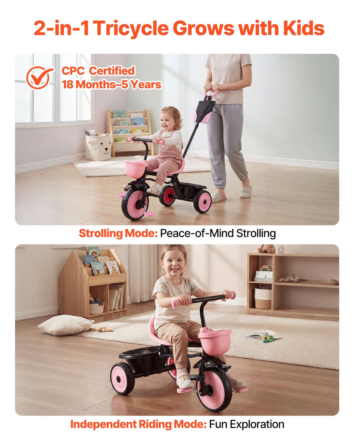 VEVOR Toddler Tricycle & Stroller for 18 Months to 5 Year Old, Kids Trike with Parent Push Handle, Adjustable Seat & Storage for Outdoor Play, Tricycle for Toddlers, Birthday Toy for Boys and Girls - DSTGBDDPHLLBNEG56001V0 - view 3