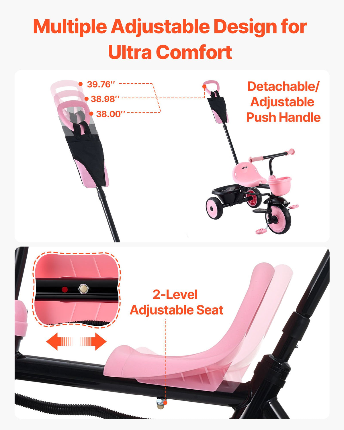VEVOR Toddler Tricycle & Stroller for 18 Months to 5 Year Old, Kids Trike with Parent Push Handle, Adjustable Seat & Storage for Outdoor Play, Tricycle for Toddlers, Birthday Toy for Boys and Girls - DSTGBDDPHLLBNEG56001V0 - view 5