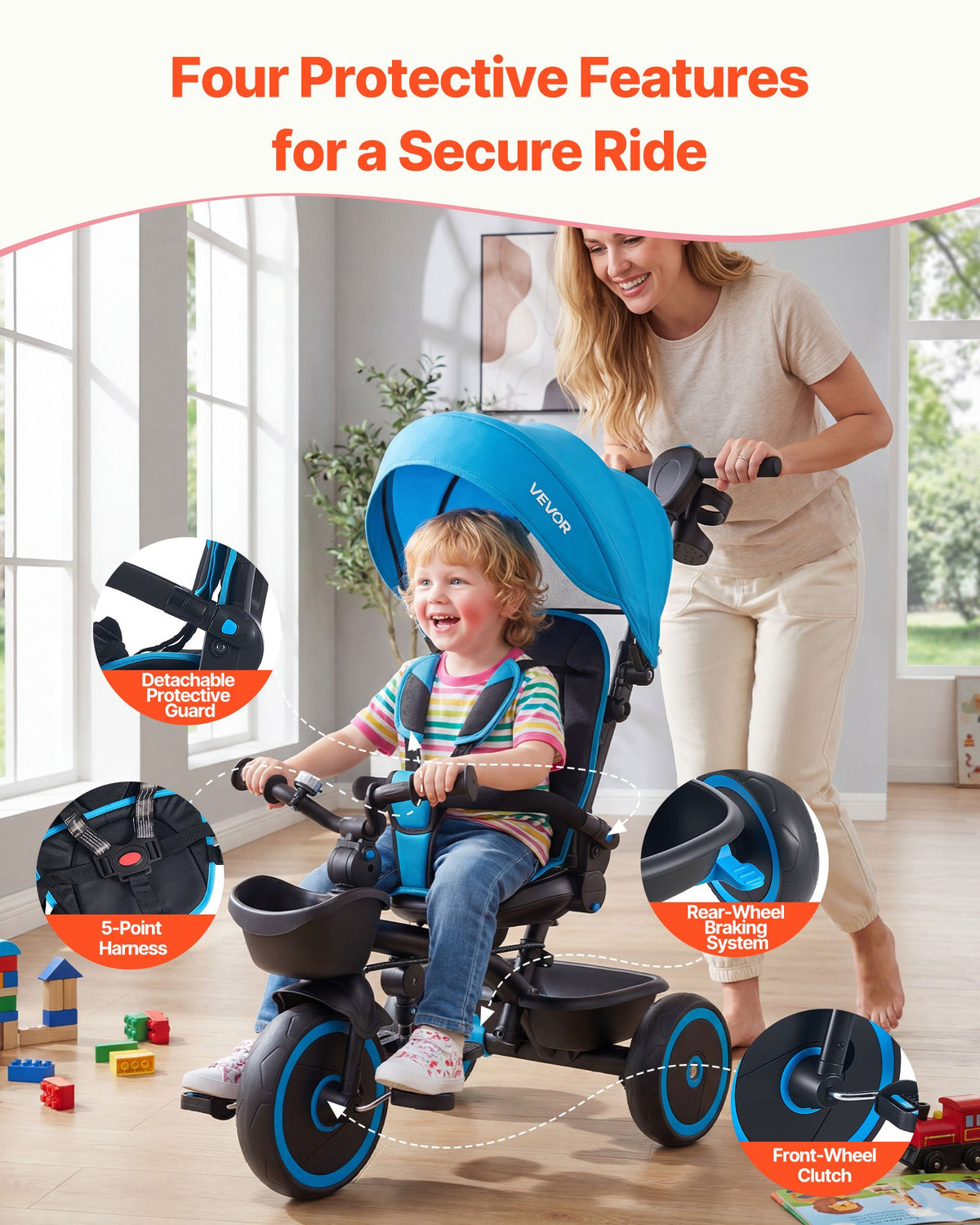 VEVOR Toddler Tricycle & Stroller for 1-5 Year Old, 6-in-1 Kids Trike with Parent Push Handle, Canopy, Adjustable Seat and Storage, Tricycle for Toddlers, Birthday Toy for Boys and Girls, Blue/Black - DSTGDDPHLLBKA86W8001V0 - view 4
