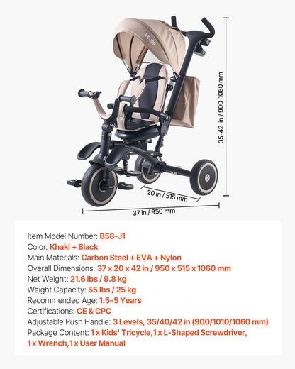 VEVOR Toddler Tricycle & Stroller for 18 Months to 5 Year Old, 7-in-1 Kids Trike with Parent Push Handle, Canopy, Rotating Seat and Storage