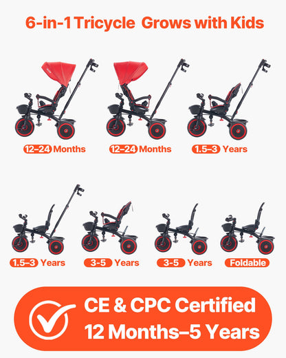 VEVOR Toddler Tricycle & Stroller for 1-5 Year Old, 6-in-1 Kids Trike with Parent Push Handle, Canopy, Adjustable Seat and Storage, Tricycle for Toddlers, Birthday Toy for Boys and Girls, Red/Black - DSTGDDPHLLBKIUUP8001V0 - view 3