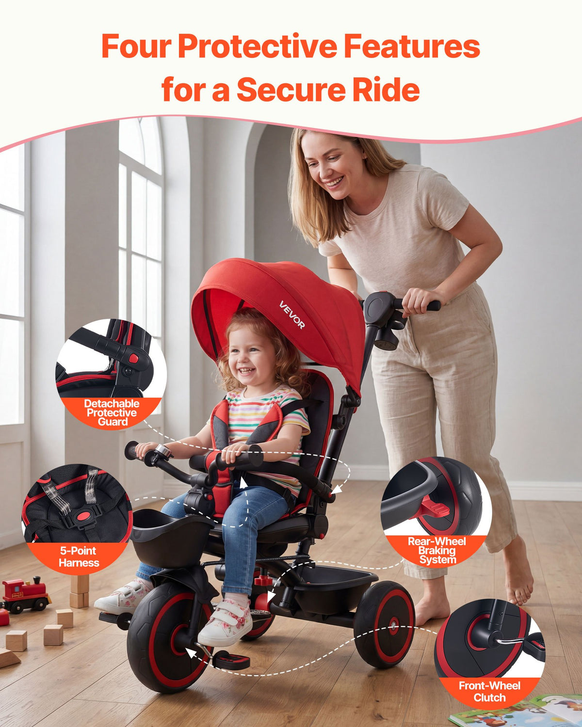 VEVOR Toddler Tricycle & Stroller for 1-5 Year Old, 6-in-1 Kids Trike with Parent Push Handle, Canopy, Adjustable Seat and Storage, Tricycle for Toddlers, Birthday Toy for Boys and Girls, Red/Black - DSTGDDPHLLBKIUUP8001V0 - view 4