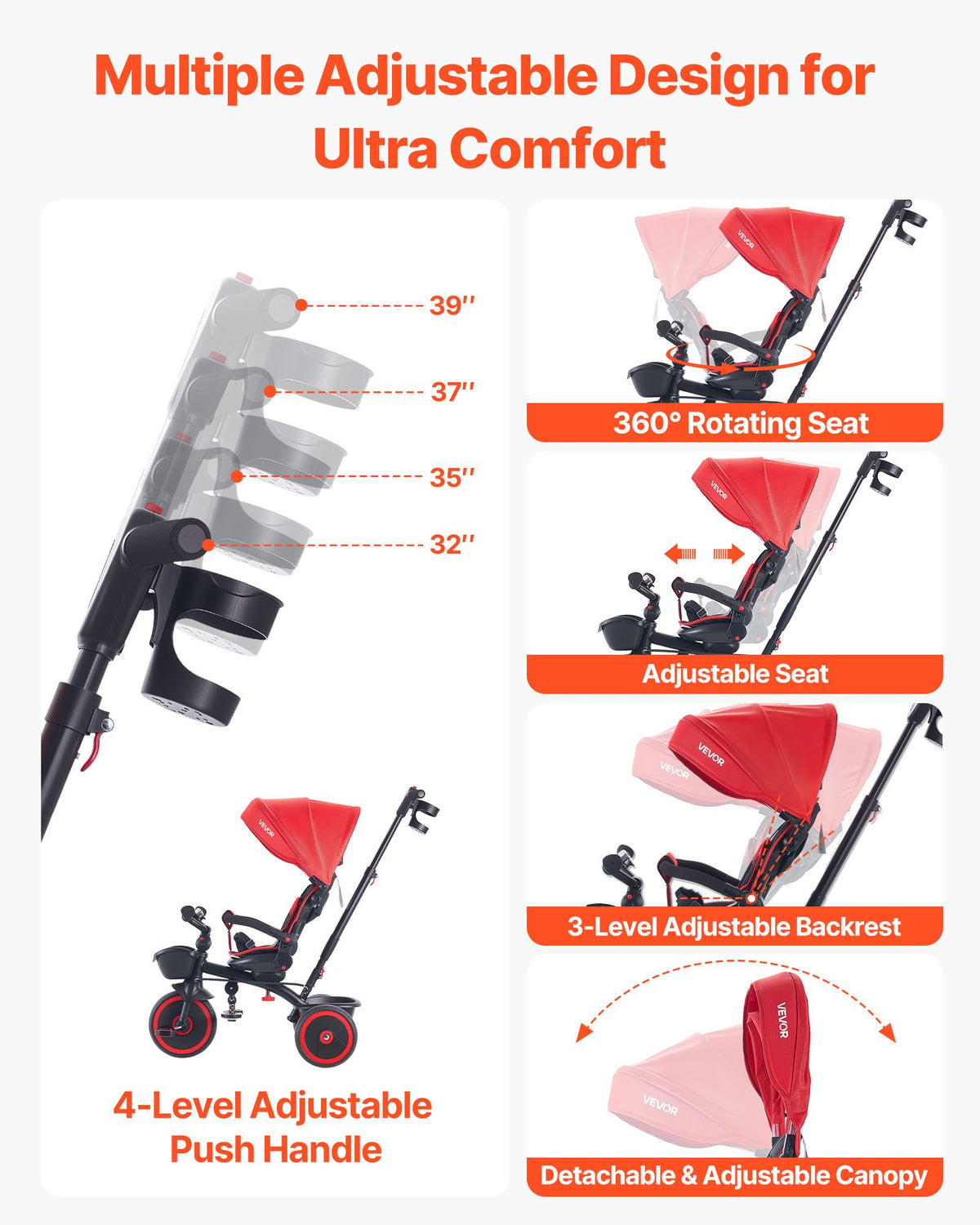 VEVOR Toddler Tricycle & Stroller for 1-5 Year Old, 6-in-1 Kids Trike with Parent Push Handle, Canopy, Adjustable Seat and Storage, Tricycle for Toddlers, Birthday Toy for Boys and Girls, Red/Black - DSTGDDPHLLBKIUUP8001V0 - view 5