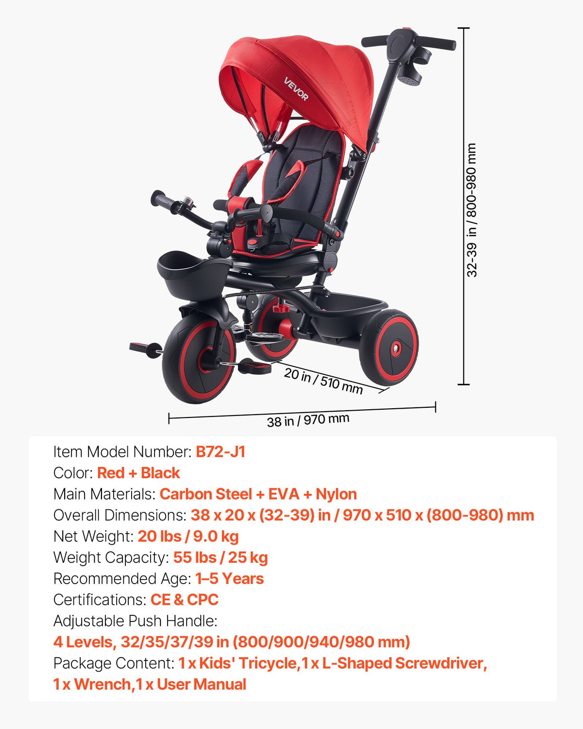 VEVOR Toddler Tricycle & Stroller for 1-5 Year Old, 6-in-1 Kids Trike with Parent Push Handle, Canopy, Adjustable Seat and Storage, Tricycle for Toddlers, Birthday Toy for Boys and Girls, Red/Black - DSTGDDPHLLBKIUUP8001V0 - view 8