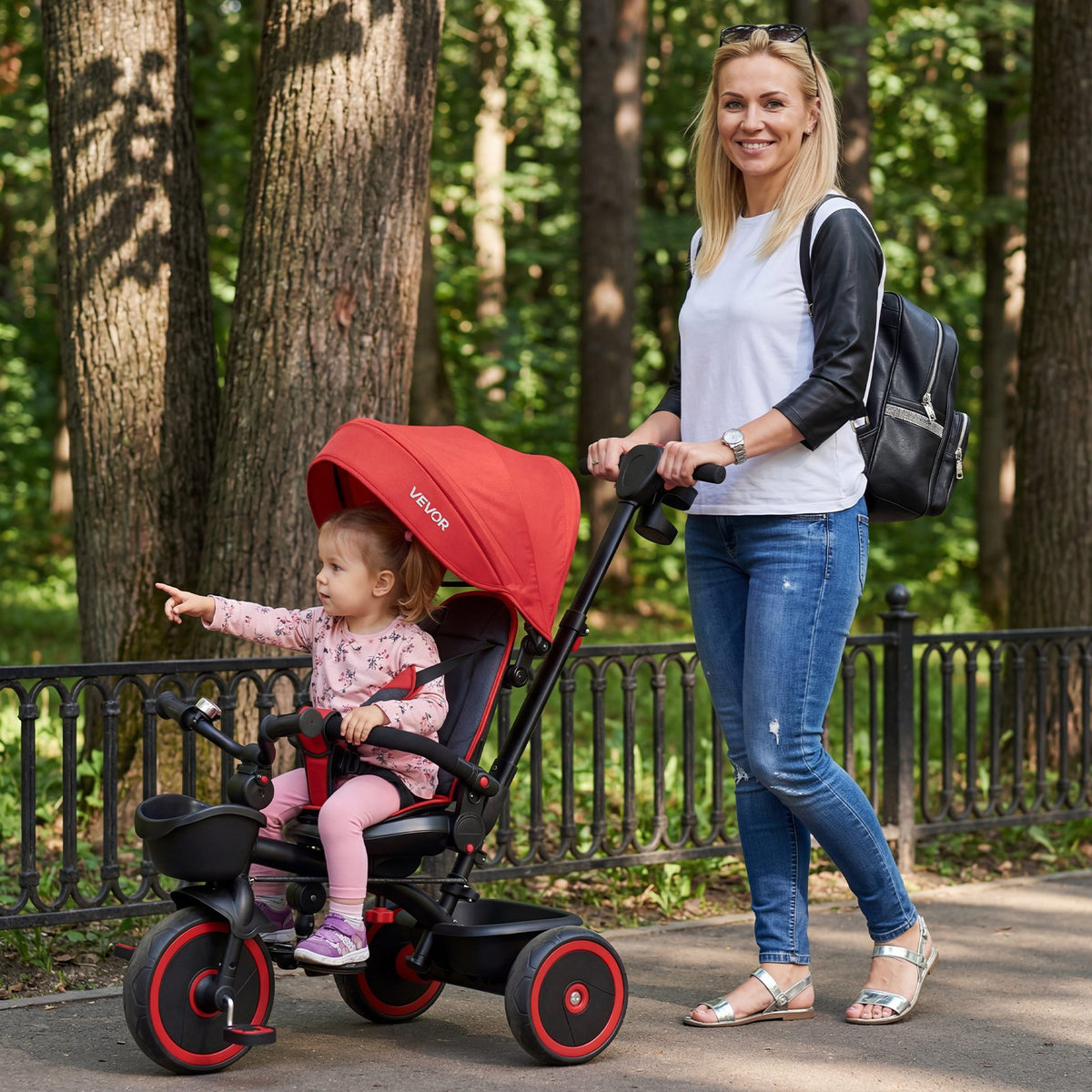 VEVOR Toddler Tricycle & Stroller for 1-5 Year Old, 6-in-1 Kids Trike with Parent Push Handle, Canopy, Adjustable Seat and Storage, Tricycle for Toddlers, Birthday Toy for Boys and Girls, Red/Black - DSTGDDPHLLBKIUUP8001V0 - view 9