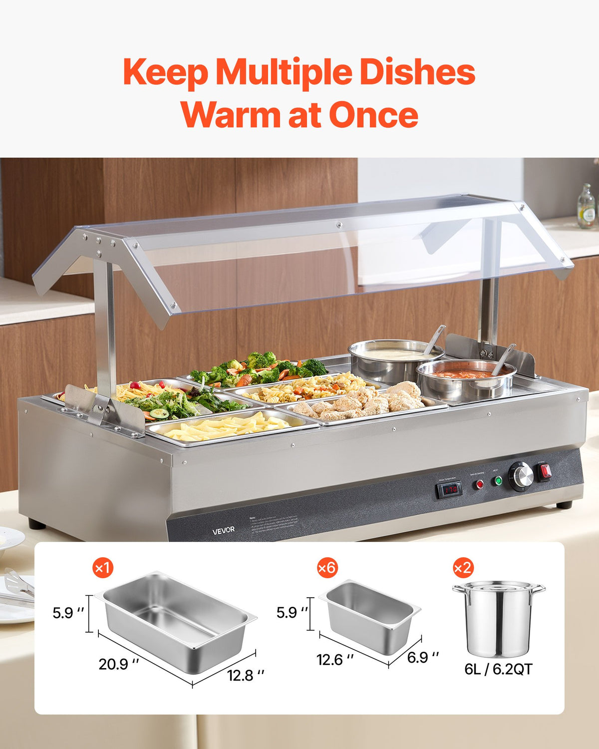 VEVOR Electric Soup Warmer, Two 6.34QT Pots & Six 1/3 Pans, Stainless Steel Commercial Food Warmer with 86~185°F Adjustable Temp, 1500W Bain Marie with Cover, Soup Station for Restaurant, Buffet - DSWPSYTGSMFPAISZA001V1 - view 3