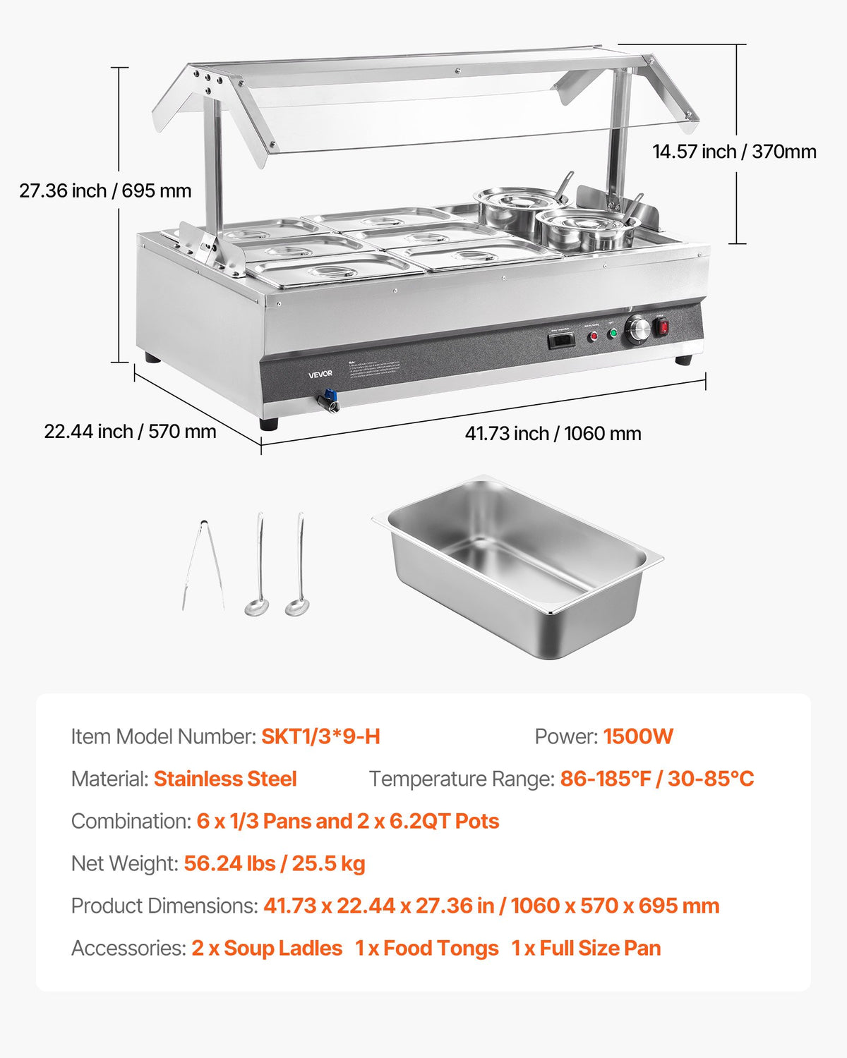 VEVOR Electric Soup Warmer, Two 6.34QT Pots & Six 1/3 Pans, Stainless Steel Commercial Food Warmer with 86~185°F Adjustable Temp, 1500W Bain Marie with Cover, Soup Station for Restaurant, Buffet - DSWPSYTGSMFPAISZA001V1 - view 8