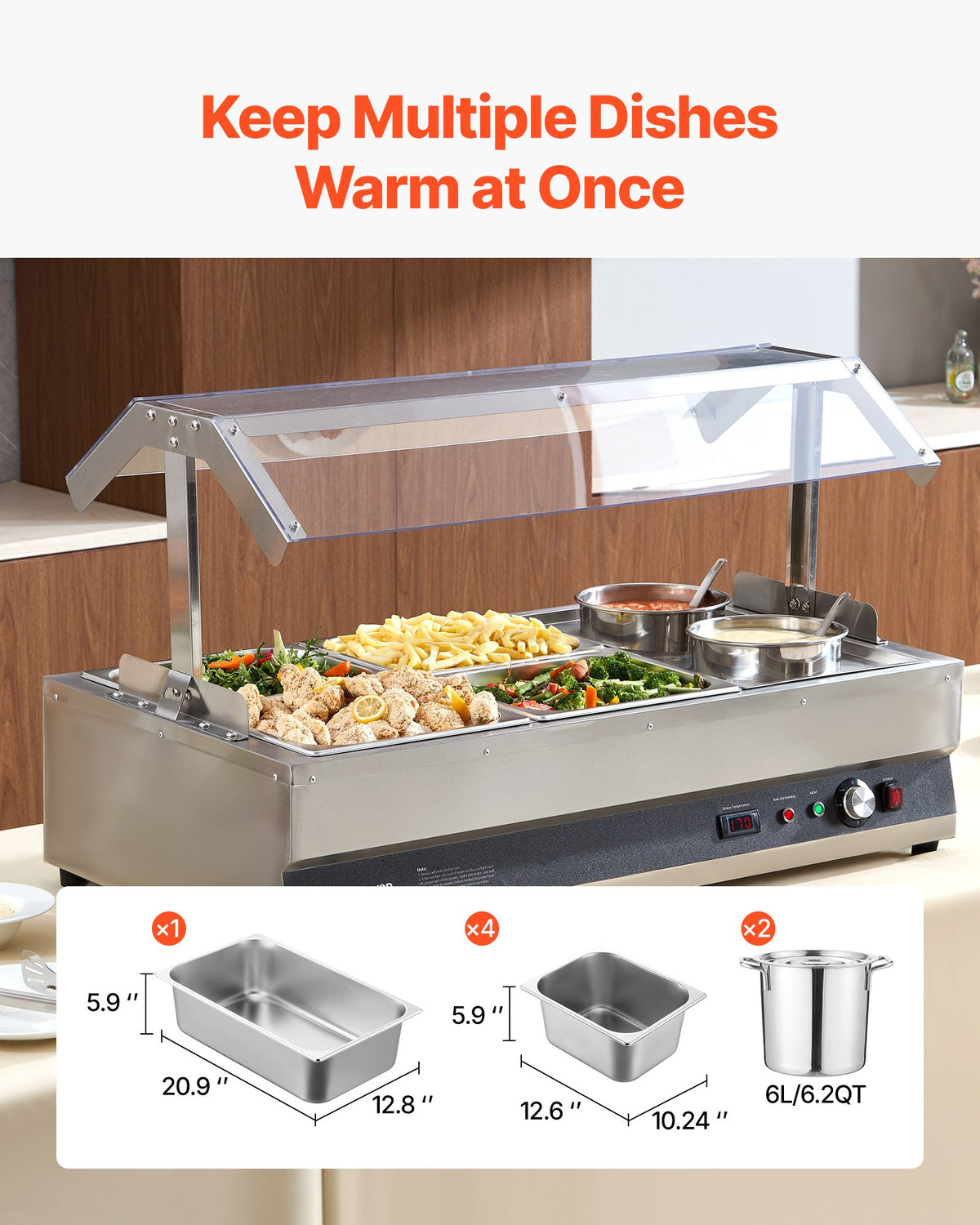VEVOR Electric Soup Warmer, Two 6.34QT Pots & Four 1/2 Pans, Stainless Steel Commercial Food Warmer with 86~185°F Adjustable Temp, 1500W Bain Marie with Cover, Soup Station for Restaurant, Buffet - DSWPSYTGSMFPUWMI0001V1 - view 3