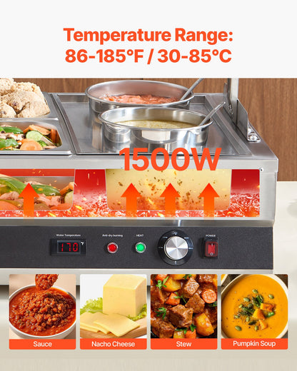 VEVOR Electric Soup Warmer, Two 6.34QT Pots & Four 1/2 Pans, Stainless Steel Commercial Food Warmer with 86~185°F Adjustable Temp, 1500W Bain Marie with Cover, Soup Station for Restaurant, Buffet - DSWPSYTGSMFPUWMI0001V1 - view 4