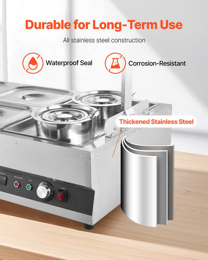 VEVOR Electric Soup Warmer, Two 6.34QT Pots & Four 1/2 Pans, Stainless Steel Commercial Food Warmer with 86~185°F Adjustable Temp, 1500W Bain Marie with Cover, Soup Station for Restaurant, Buffet - DSWPSYTGSMFPUWMI0001V1 - view 7