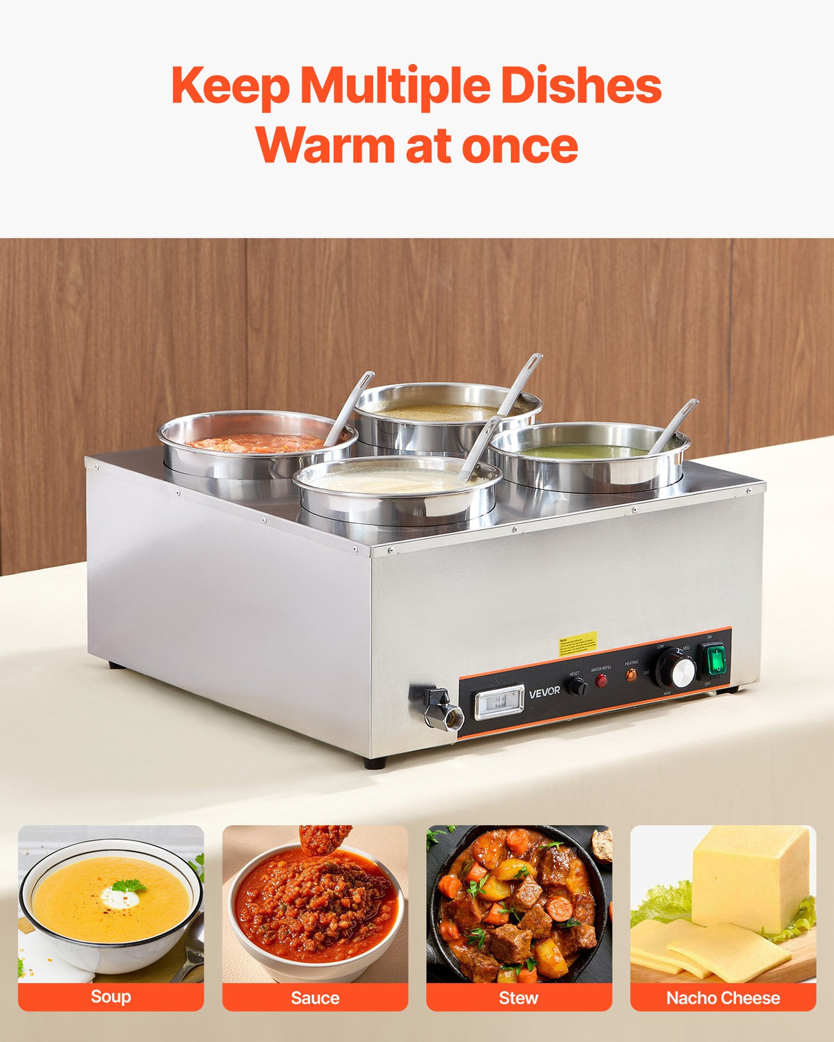 VEVOR Electric Soup Warmer, Four 6.34QT Stainless Steel Round Pot with 86~185°F Adjustable Temp, 1500W Commercial Bain Marie with Anti-dry Burn and Reset Button, Soup Station for Restaurant, Buffet - DSWPSYTGWFPZ3JBU7001V1 - view 3