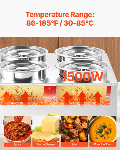 VEVOR Electric Soup Warmer, Four 6.34QT Stainless Steel Round Pot with 86~185°F Adjustable Temp, 1500W Commercial Bain Marie with Anti-dry Burn and Reset Button, Soup Station for Restaurant, Buffet - DSWPSYTGWFPZ3JBU7001V1 - view 4