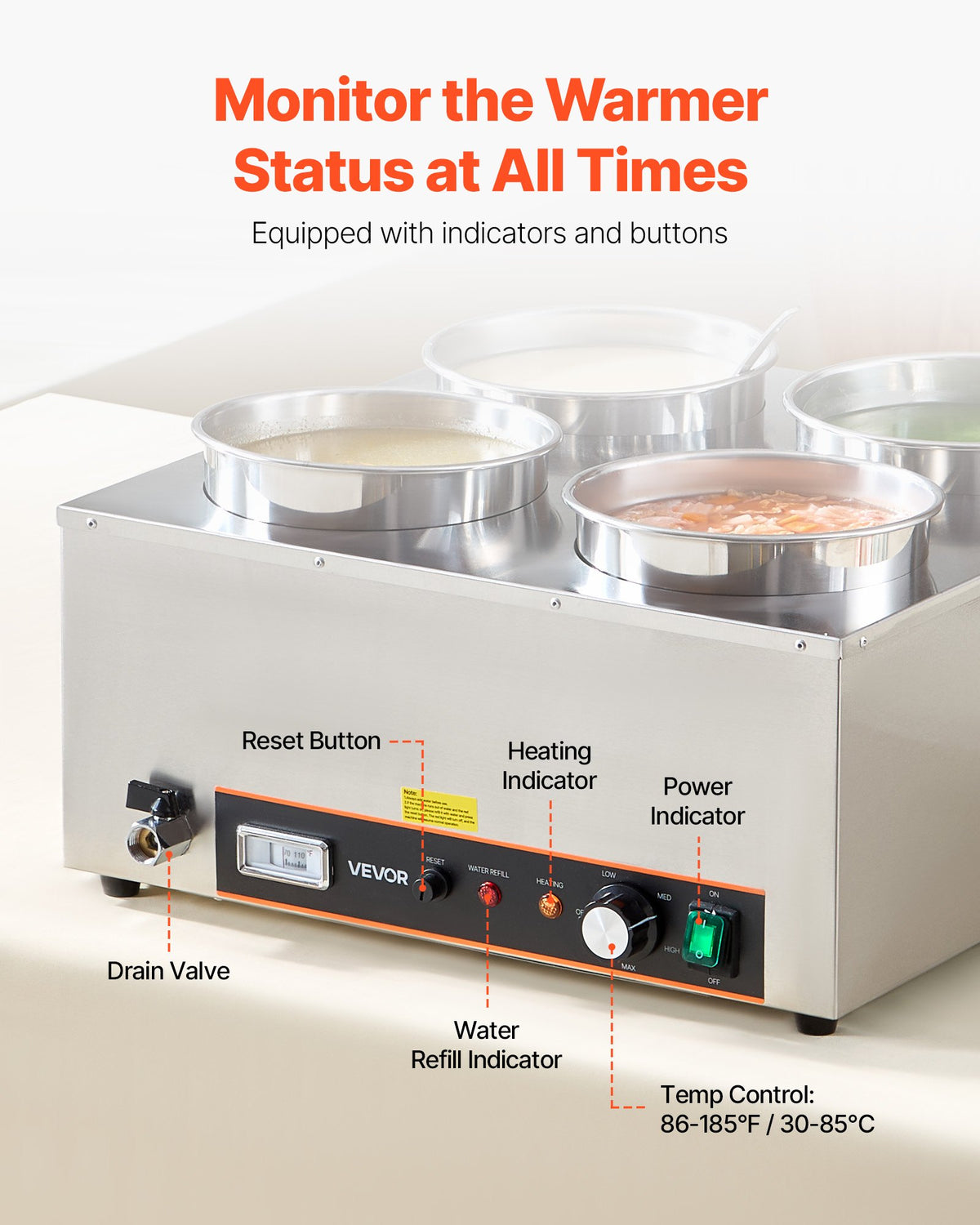 VEVOR Electric Soup Warmer, Four 6.34QT Stainless Steel Round Pot with 86~185°F Adjustable Temp, 1500W Commercial Bain Marie with Anti-dry Burn and Reset Button, Soup Station for Restaurant, Buffet - DSWPSYTGWFPZ3JBU7001V1 - view 5