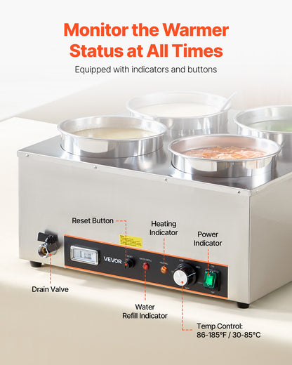 VEVOR Electric Soup Warmer, Four 6.34QT Stainless Steel Round Pot with 86~185°F Adjustable Temp, 1500W Commercial Bain Marie with Anti-dry Burn and Reset Button, Soup Station for Restaurant, Buffet - DSWPSYTGWFPZ3JBU7001V1 - view 5
