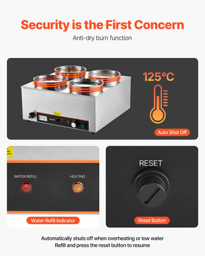 VEVOR Electric Soup Warmer, Four 6.34QT Stainless Steel Round Pot with 86~185°F Adjustable Temp, 1500W Commercial Bain Marie with Anti-dry Burn and Reset Button, Soup Station for Restaurant, Buffet - DSWPSYTGWFPZ3JBU7001V1 - view 6