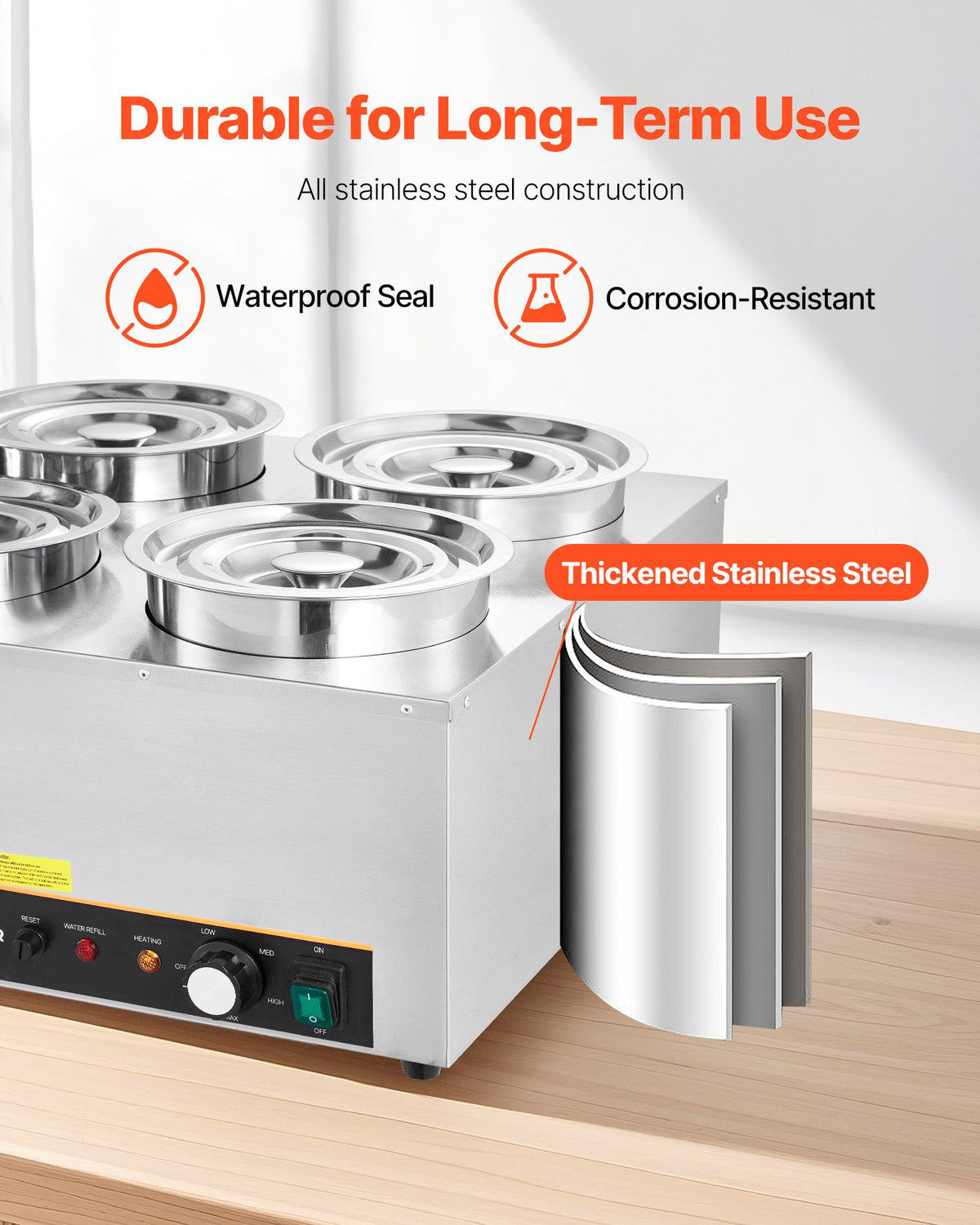VEVOR Electric Soup Warmer, Four 6.34QT Stainless Steel Round Pot with 86~185°F Adjustable Temp, 1500W Commercial Bain Marie with Anti-dry Burn and Reset Button, Soup Station for Restaurant, Buffet - DSWPSYTGWFPZ3JBU7001V1 - view 7
