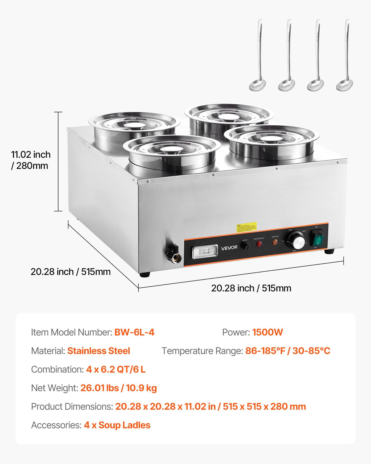 VEVOR Electric Soup Warmer, Four 6.34QT Stainless Steel Round Pot with 86~185°F Adjustable Temp, 1500W Commercial Bain Marie with Anti-dry Burn and Reset Button, Soup Station for Restaurant, Buffet - DSWPSYTGWFPZ3JBU7001V1 - view 8