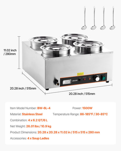 VEVOR Electric Soup Warmer, Four 6.34QT Stainless Steel Round Pot with 86~185°F Adjustable Temp, 1500W Commercial Bain Marie with Anti-dry Burn and Reset Button, Soup Station for Restaurant, Buffet - DSWPSYTGWFPZ3JBU7001V1 - view 8