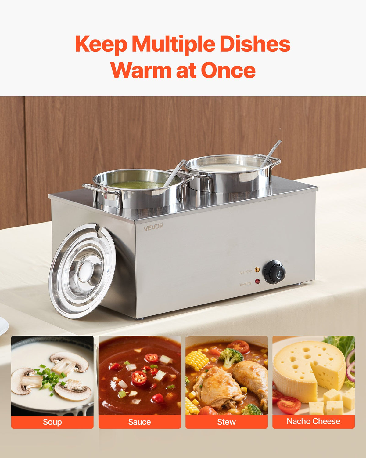 VEVOR Electric Soup Warmer, Two 6.34QT Stainless Steel Round Pot with 86~185°F Adjustable Temp, 1200W Commercial Bain Marie Compatible with Pans, Soup Station for Restaurant, Buffet - DSWPSYTGWFPZ9VO9A001V1 - view 3
