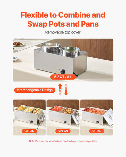 VEVOR Electric Soup Warmer, Two 6.34QT Stainless Steel Round Pot with 86~185°F Adjustable Temp, 1200W Commercial Bain Marie Compatible with Pans, Soup Station for Restaurant, Buffet - DSWPSYTGWFPZ9VO9A001V1 - view 6