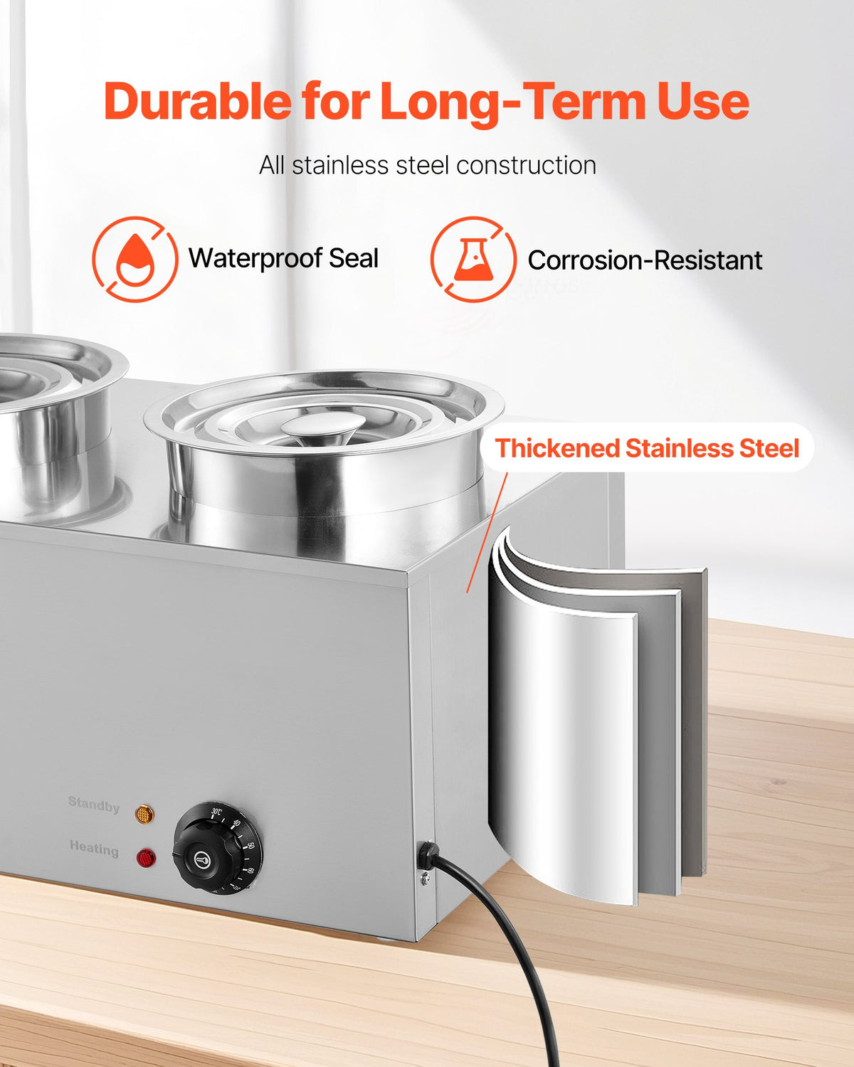VEVOR Electric Soup Warmer, Two 6.34QT Stainless Steel Round Pot with 86~185°F Adjustable Temp, 1200W Commercial Bain Marie Compatible with Pans, Soup Station for Restaurant, Buffet - DSWPSYTGWFPZ9VO9A001V1 - view 7