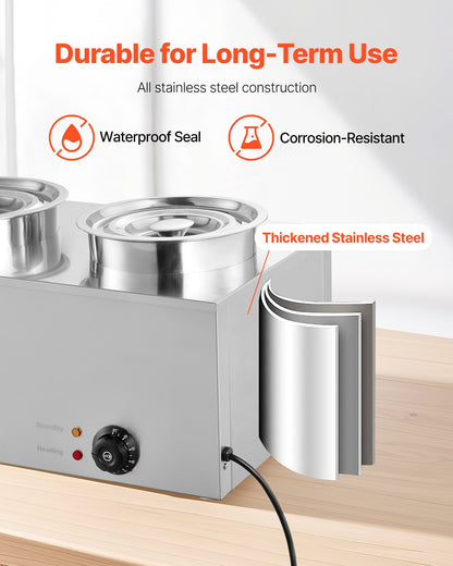 VEVOR Electric Soup Warmer, Two 6.34QT Stainless Steel Round Pot with 86~185°F Adjustable Temp, 1200W Commercial Bain Marie Compatible with Pans, Soup Station for Restaurant, Buffet - DSWPSYTGWFPZ9VO9A001V1 - view 7