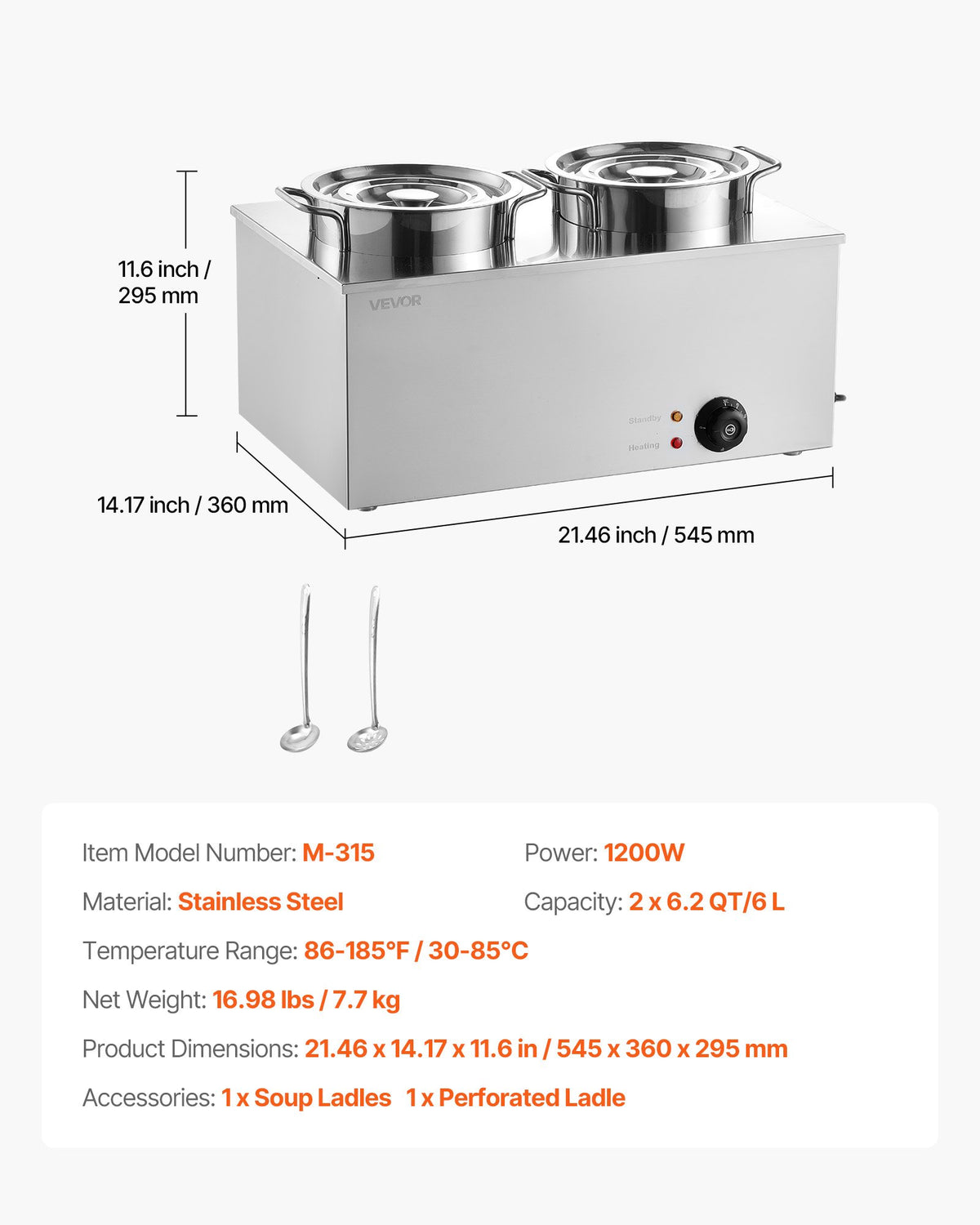 VEVOR Electric Soup Warmer, Two 6.34QT Stainless Steel Round Pot with 86~185°F Adjustable Temp, 1200W Commercial Bain Marie Compatible with Pans, Soup Station for Restaurant, Buffet - DSWPSYTGWFPZ9VO9A001V1 - view 8