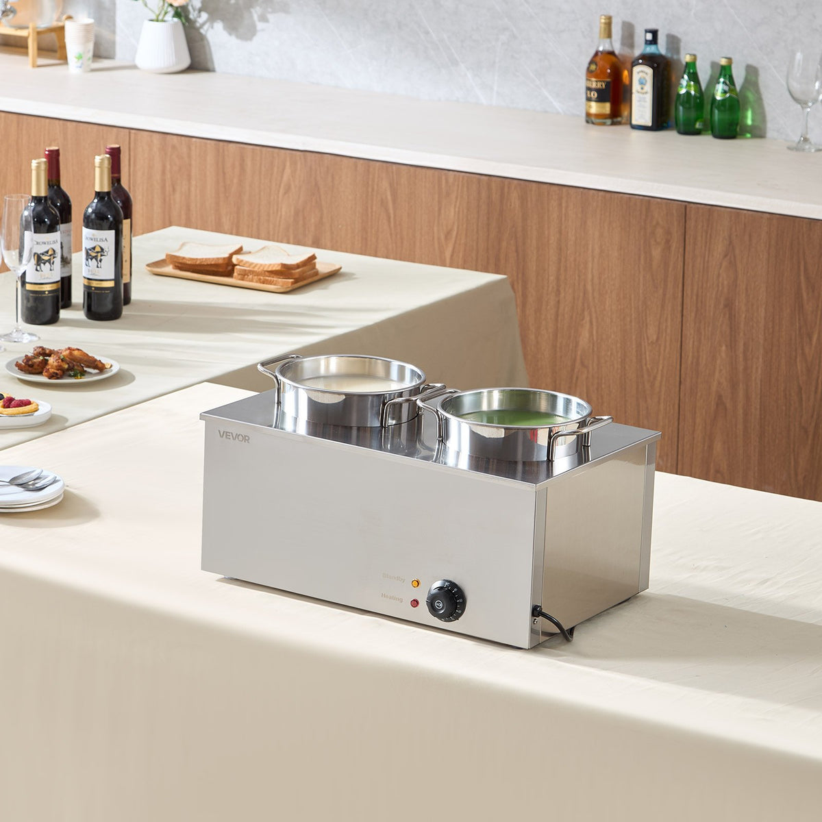 VEVOR Electric Soup Warmer, Two 6.34QT Stainless Steel Round Pot with 86~185°F Adjustable Temp, 1200W Commercial Bain Marie Compatible with Pans, Soup Station for Restaurant, Buffet - DSWPSYTGWFPZ9VO9A001V1 - view 9