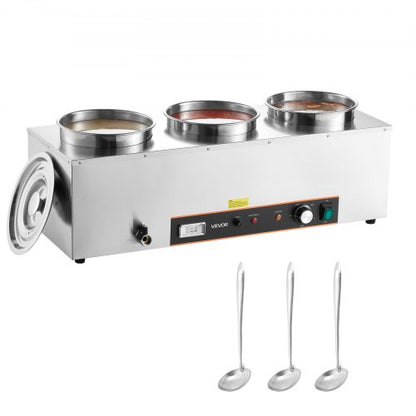 VEVOR Electric Soup Warmer, Three 6.34QT Stainless Steel Round Pot with 86~185°F Adjustable Temp, 1500W Commercial Bain Marie with Anti-dry Burn and Reset Button, Soup Station for Restaurant, Buffet - DSWPSYTGWFPZKRRM9001V1 - view 2