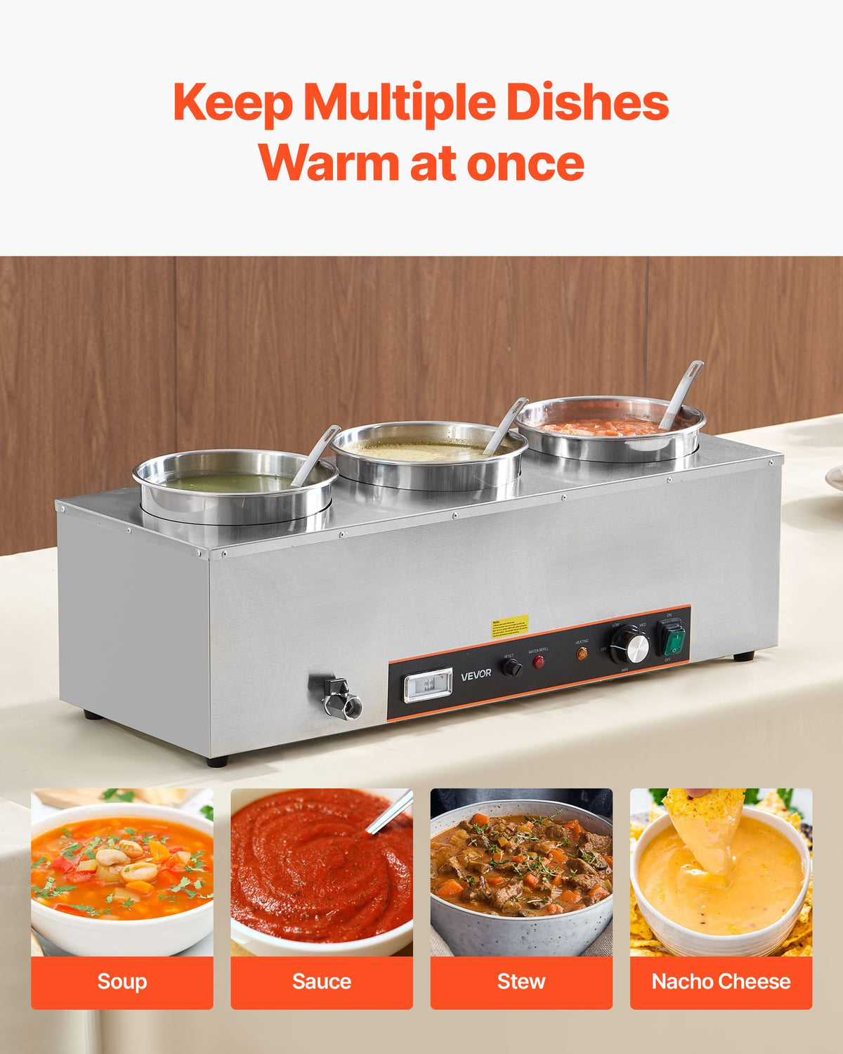 VEVOR Electric Soup Warmer, Three 6.34QT Stainless Steel Round Pot with 86~185°F Adjustable Temp, 1500W Commercial Bain Marie with Anti-dry Burn and Reset Button, Soup Station for Restaurant, Buffet - DSWPSYTGWFPZKRRM9001V1 - view 3