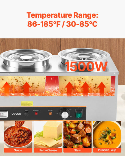 VEVOR Electric Soup Warmer, Three 6.34QT Stainless Steel Round Pot with 86~185°F Adjustable Temp, 1500W Commercial Bain Marie with Anti-dry Burn and Reset Button, Soup Station for Restaurant, Buffet - DSWPSYTGWFPZKRRM9001V1 - view 4