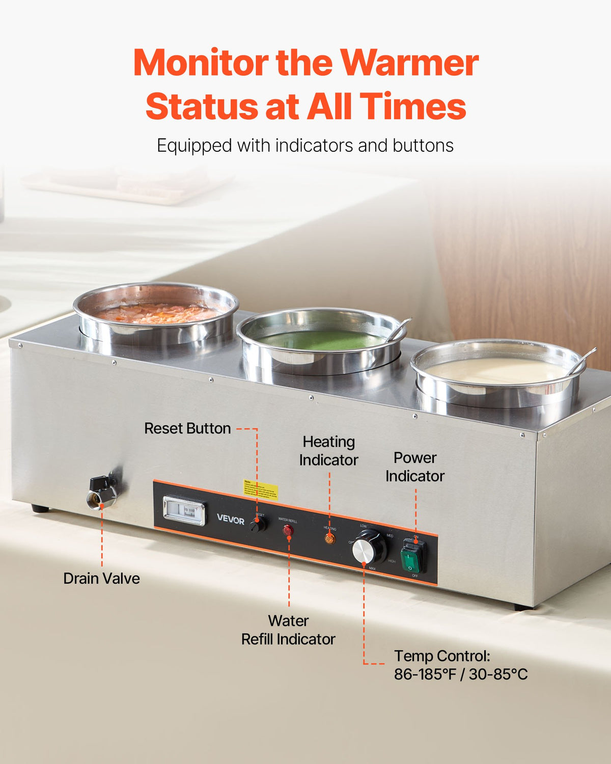 VEVOR Electric Soup Warmer, Three 6.34QT Stainless Steel Round Pot with 86~185°F Adjustable Temp, 1500W Commercial Bain Marie with Anti-dry Burn and Reset Button, Soup Station for Restaurant, Buffet - DSWPSYTGWFPZKRRM9001V1 - view 5