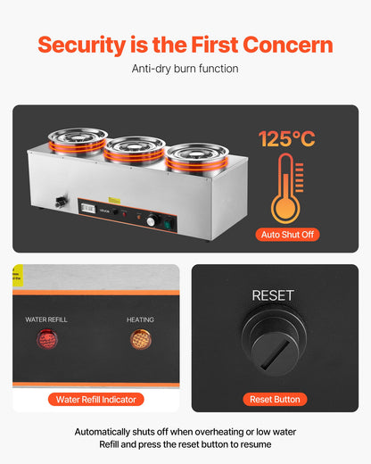 VEVOR Electric Soup Warmer, Three 6.34QT Stainless Steel Round Pot with 86~185°F Adjustable Temp, 1500W Commercial Bain Marie with Anti-dry Burn and Reset Button, Soup Station for Restaurant, Buffet - DSWPSYTGWFPZKRRM9001V1 - view 6
