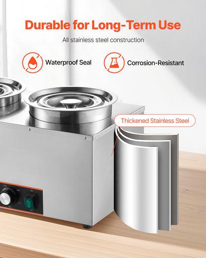 VEVOR Electric Soup Warmer, Three 6.34QT Stainless Steel Round Pot with 86~185°F Adjustable Temp, 1500W Commercial Bain Marie with Anti-dry Burn and Reset Button, Soup Station for Restaurant, Buffet - DSWPSYTGWFPZKRRM9001V1 - view 7