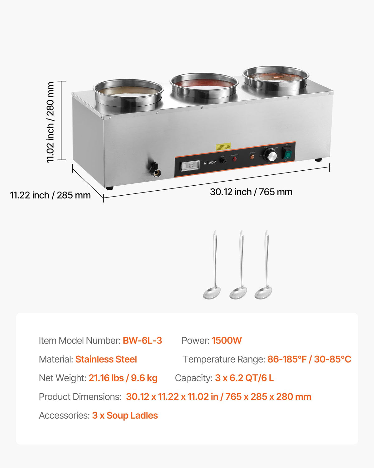 VEVOR Electric Soup Warmer, Three 6.34QT Stainless Steel Round Pot with 86~185°F Adjustable Temp, 1500W Commercial Bain Marie with Anti-dry Burn and Reset Button, Soup Station for Restaurant, Buffet - DSWPSYTGWFPZKRRM9001V1 - view 8
