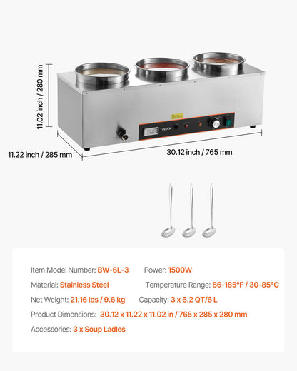 VEVOR Electric Soup Warmer, Three 6.34QT Stainless Steel Round Pot with 86~185°F Adjustable Temp, 1500W Commercial Bain Marie with Anti-dry Burn and Reset Button, Soup Station for Restaurant, Buffet - DSWPSYTGWFPZKRRM9001V1 - view 8