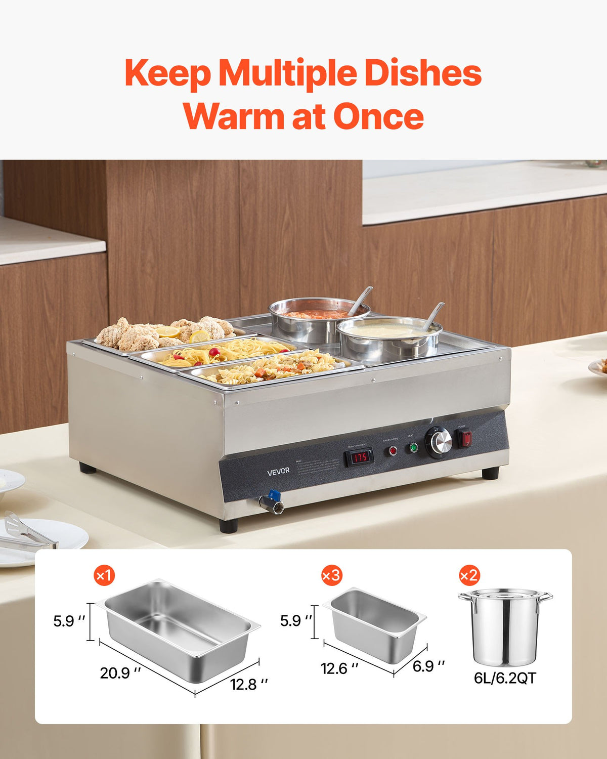 VEVOR Electric Soup Warmer, Two 6.34QT Pots & Three 1/3 Pans, Stainless Steel Commercial Food Warmer with 86~185°F Adjustable Temp, 1500W Bain Marie, Soup Station for Restaurant, Buffet - DSWPSYTGWFPZWT6B9001V1 - view 3