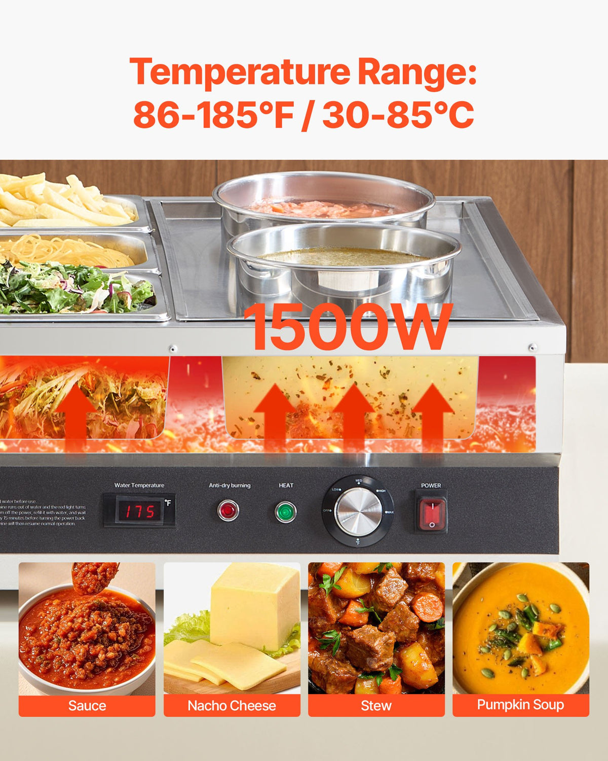 VEVOR Electric Soup Warmer, Two 6.34QT Pots & Three 1/3 Pans, Stainless Steel Commercial Food Warmer with 86~185°F Adjustable Temp, 1500W Bain Marie, Soup Station for Restaurant, Buffet - DSWPSYTGWFPZWT6B9001V1 - view 4