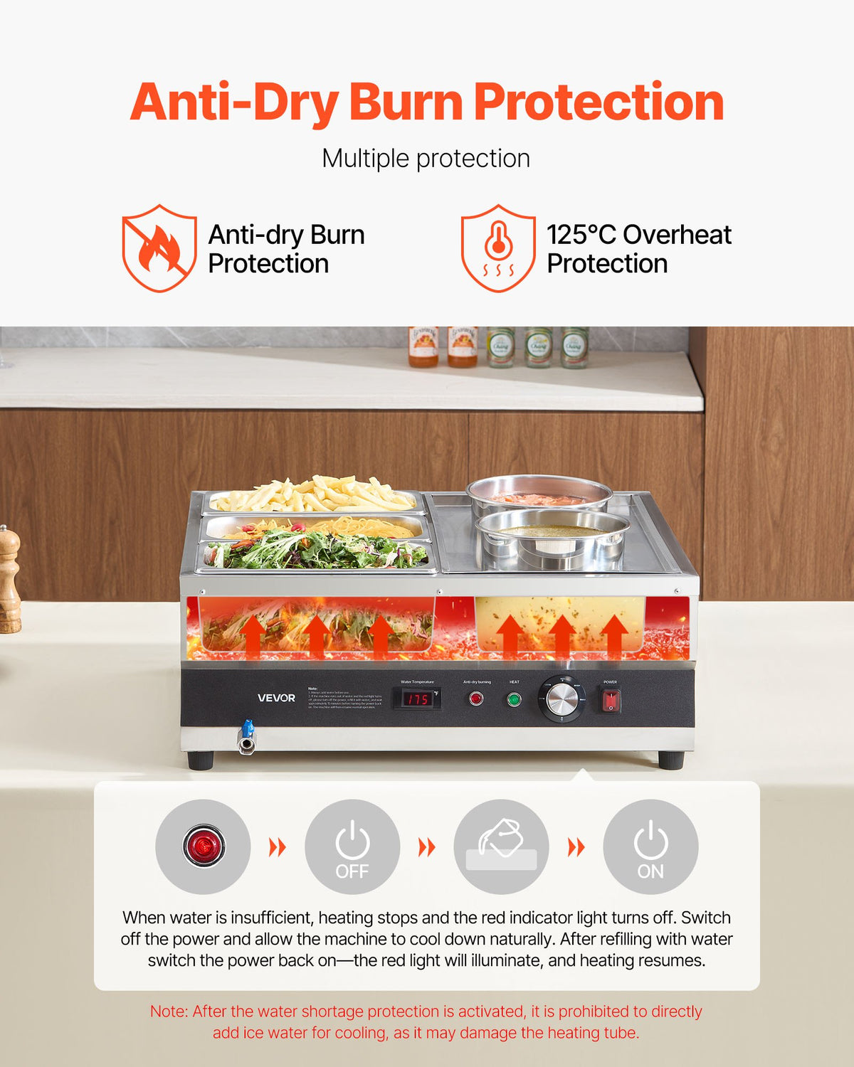 VEVOR Electric Soup Warmer, Two 6.34QT Pots & Three 1/3 Pans, Stainless Steel Commercial Food Warmer with 86~185°F Adjustable Temp, 1500W Bain Marie, Soup Station for Restaurant, Buffet - DSWPSYTGWFPZWT6B9001V1 - view 6