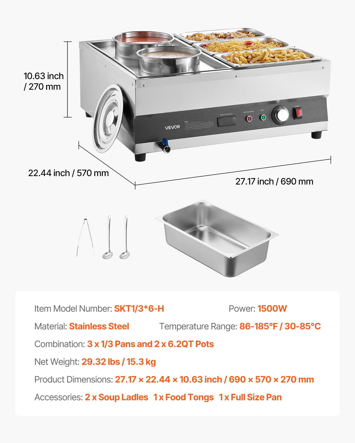 VEVOR Electric Soup Warmer, Two 6.34QT Pots & Three 1/3 Pans, Stainless Steel Commercial Food Warmer with 86~185°F Adjustable Temp, 1500W Bain Marie, Soup Station for Restaurant, Buffet - DSWPSYTGWFPZWT6B9001V1 - view 8